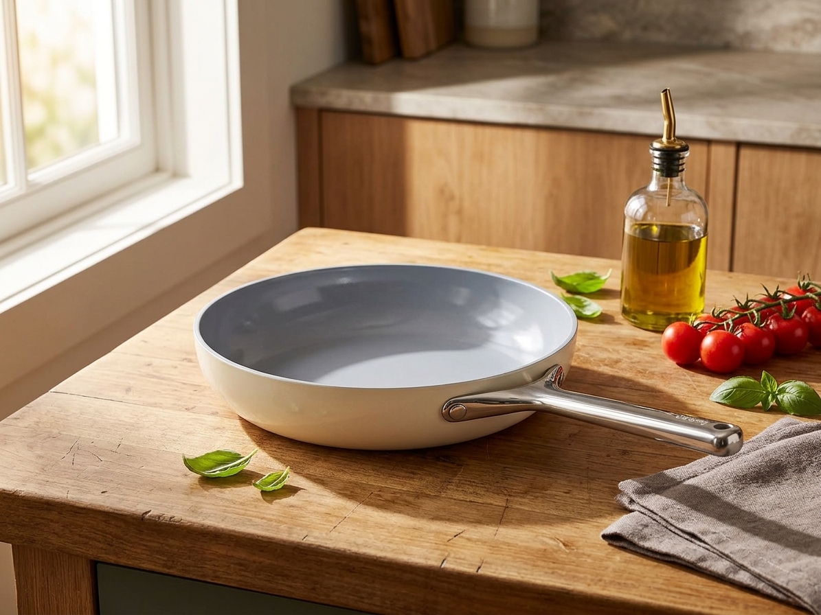 Contextual hero image of the same ceramic fry pan after AI enhancement.