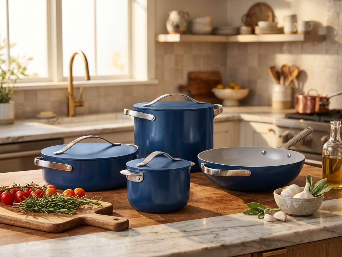 Contextual hero image of the same cookware set after AI enhancement.