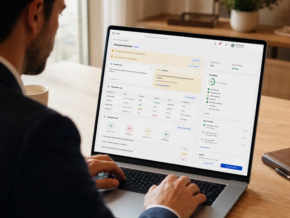 A person at a laptop showing the DealSheet account-management dashboard: deal stages, stakeholders, and next-step prompts laid out across the screen.