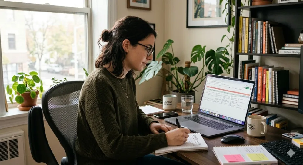 A content creator at a desk with a laptop showing a content calendar, mugs labelled Content Creator, and marketing books on the shelf.