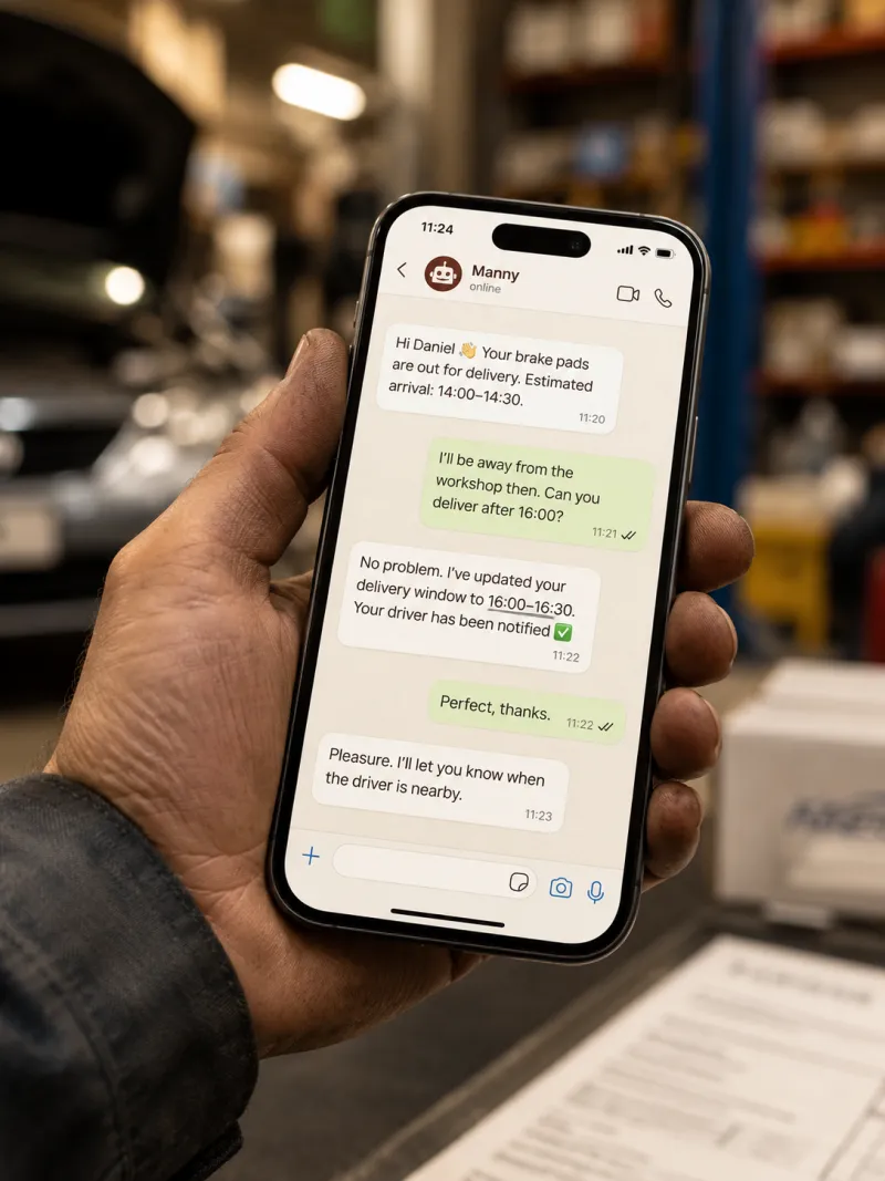 WhatsApp thread on a phone in a workshop: Manny confirms a brake-pads delivery and updates the delivery window for the customer.